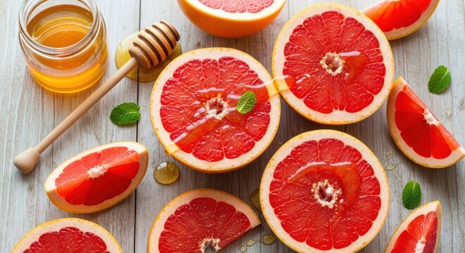 Brightly colored citrus fruit halves and slices are drizzled with golden sweetener on a light wooden surface.