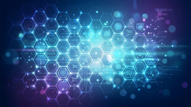 Futuristic blue hexagonal network with glowing circuits and binary code
