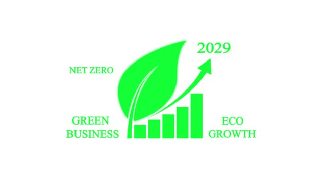 Animated green leaf icon with rising bar graph and arrow on white background, representing net zero emissions and sustainable eco-friendly business growth for 2029.