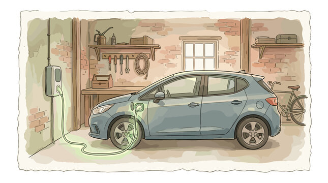 Garage interior with electric car charging station and glowing cable, soft watercolor vector illustration, delicate hand-drawn ink