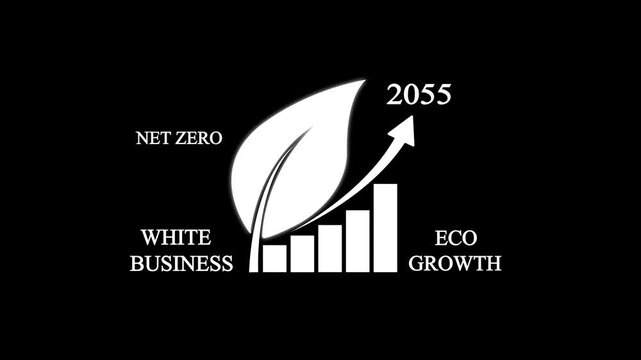Animated white leaf icon with rising bar graph and arrow on black background, representing net zero emissions and sustainable eco-friendly business growth targets for 2055.