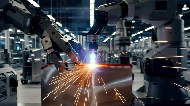 Welder working in industrial factory with steel and machinery abstract animation 4k video