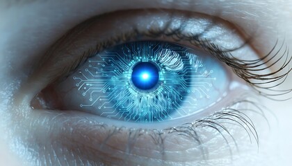 Naklejka premium Female eye with overlay of printed circuit board. Concepts of Artificial intelligence development or Microchip implants. Closeup of woman eye with visual effects. Horizontal