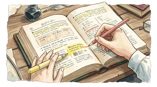 Hands highlighting grammar rules in textbook with yellow marker, soft watercolor vector illustration, delicate hand-drawn ink
