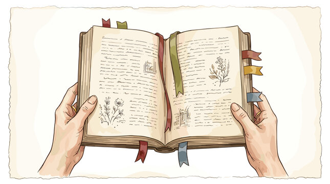 Hands holding open foreign language textbook with colorful bookmarks, soft watercolor vector illustration, delicate hand-drawn ink