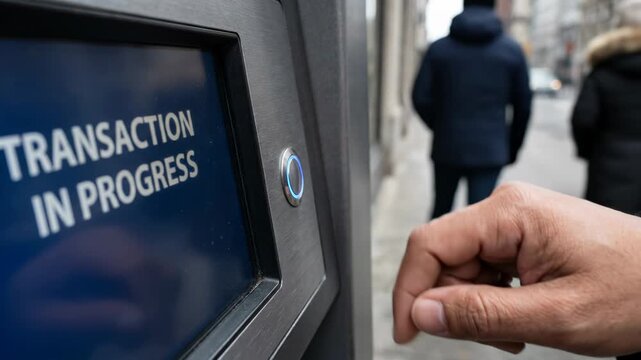 Close-up of a persons hand pressing a button on an ATM with TRANSACTION IN PROGRESS displayed on the screen, indicating a financial operation is underway.