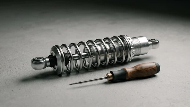 A shiny motorcycle shock absorber and a screwdriver placed on a grey surface.