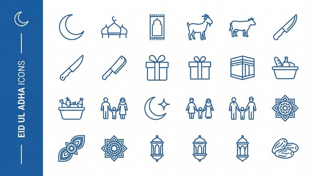 Eid Ul Adha outline icon set on white background with blue sidebar, grid of festival symbols including crescent, mosque, Kaaba, goat, cow, knife, lantern, gift, food basket, family, and prayer.