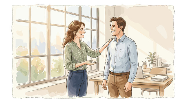 Manager giving positive feedback to employee in sunlit office, soft watercolor vector illustration, delicate hand-drawn ink