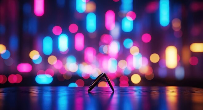 Vibrant blurred neon city lights create a futuristic bokeh background with glowing orbs of pink blue and yellow across a dark urban night, night, soft, glowing