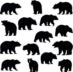 Assortment of bear silhouettes in various poses with black and white, brown bear © HASNA