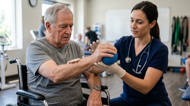 A physical therapist assisting an elderly man in a wheelchair with arm exercises using a blue ball in a rehabilitation center.
