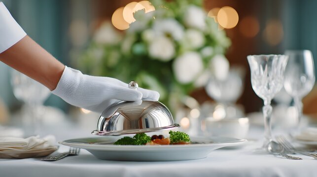 A waiter in white gloves places a covered dish on a fancy table