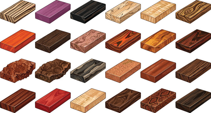 Set of colorful wooden planks, timber blocks, textured boards, and natural lumber samples isolated for design, crafting, and decoration projects