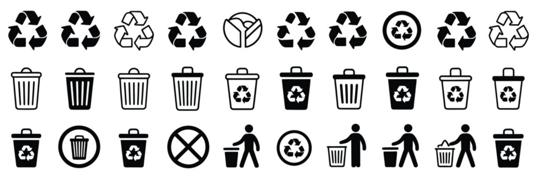 Recycle and trash can icons set, waste bin and recycle symbols for environmental disposal and cleaning vector illustration.