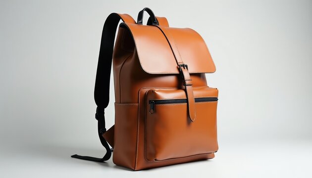 Tan leather backpack with black straps rests on white background. This unisex bag has front zip pocket and flap closure. Perfect for travel, work or school use.