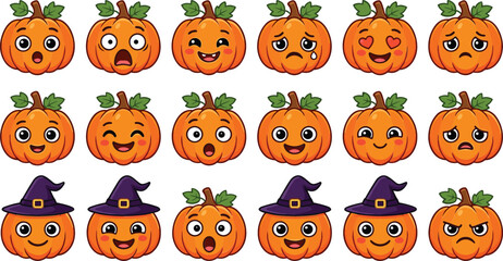 Fototapeta premium Cute Halloween pumpkin emoji illustration set with funny facial expressions and witch hats, festive cartoon collection for kids design, stickers, and holiday graphics use