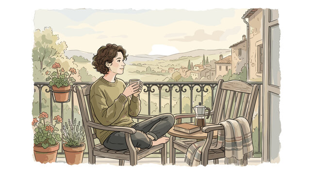 Person enjoying quiet moment on balcony with first morning coffee, soft watercolor vector illustration, delicate hand-drawn ink