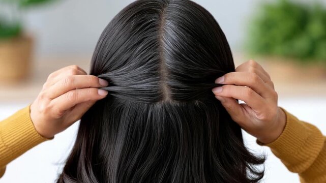 Close-up of woman's scalp revealing gray hair strands at roots