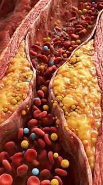 Arterial stenosis development: lipid profile, cholesterol deposit, plaque growth, blood constriction, heart risk, vascular condition, body system, health warning.