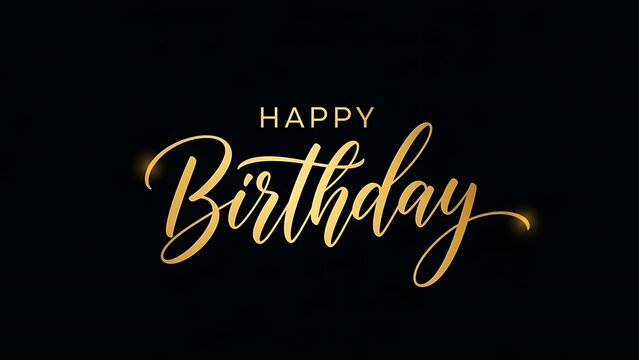 Elegant "Happy Birthday" golden calligraphy lettering on a solid black background, luxury celebration greeting card design.
