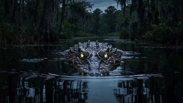 A giant crocodile's head emerges from dark, still water in a dense jungle, with glowing eyes, surrounded by lush trees and reflected in the water
