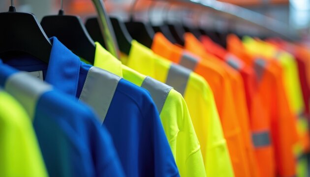 Row of bright high visibility work shirts in blue, yellow, orange hang on retail store rack. Safety garments feature reflective stripes for increased visibility. Garments display collars, sleeves.