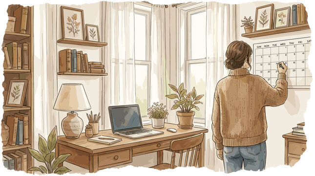 Woman marking a date on a calendar in a cozy home office with a laptop and books