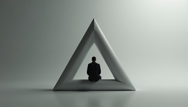 Man sits inside impossible triangle structure. Geometric shape creates optical illusion. Abstract concept of confusion or deep thought. Simple clean background.