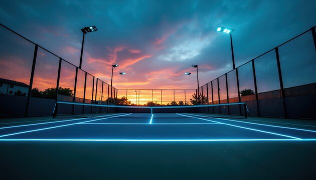Padel tennis court lit by stadium lights under a dramatic dusk sky. Blue neon lines glow on the court surface. Modern sports arena at twilight.