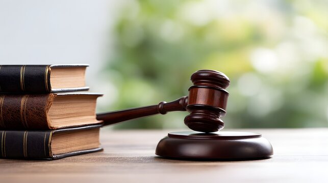 A wooden judges gavel is placed next to stacked legal books on a table
