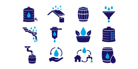 Rainwater Harvesting Solid Icons Set collection. water tank, rain barrel, roof water collector, gutter system, downspout, water storage, eco water © Active-Forhad