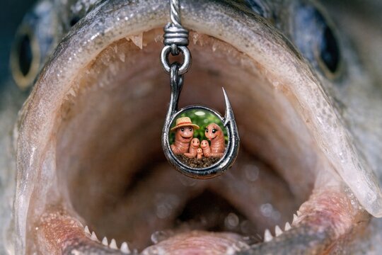 A close-up of a fish with a fishing hook stuck in its mouth
