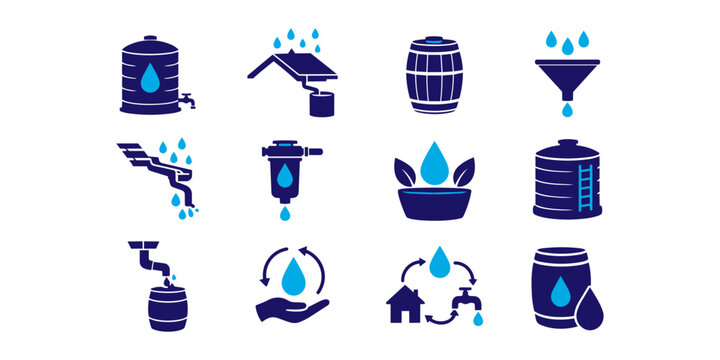 Rainwater Harvesting Solid Icons Set collection. water tank, rain barrel, roof water collector, gutter system, downspout, water storage, eco water