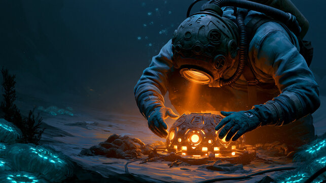 Deep-sea diver discovers an ancient glowing mechanism on a dark trench seabed underwater, a mysterious discovery suggesting hidden opportunity