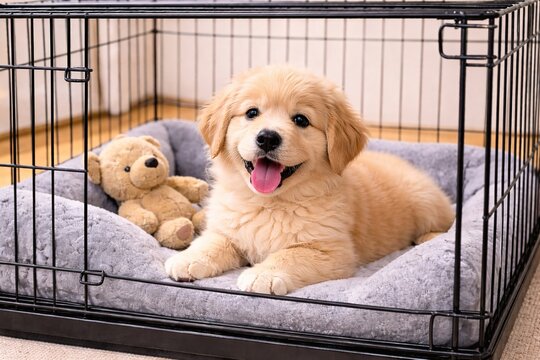Smiling golden retriever puppy lying on grey cushion in metal crate next to teddy bear toy