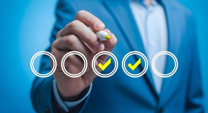 Professional business person in a suit using a marker to select two yellow check marks on a digital interface during a corporate quality assurance process