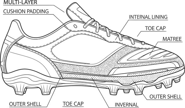 Soccer cleat technical illustration with component labels for manufacturing and design reference