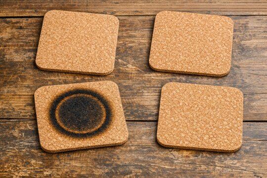 Four square cork coasters with a burnt stain
