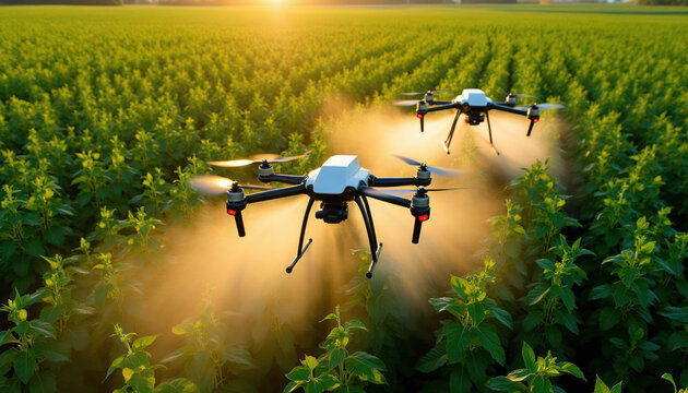 Agricultural drones spray crops in vast green field at sunset. Automated farming technology applies liquid mist to plants. Modern agritech enhances field growth.