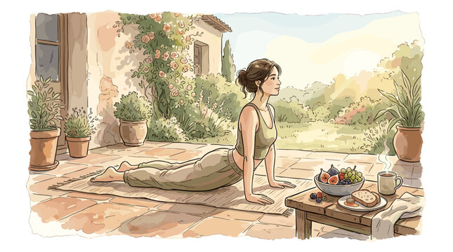 Woman practicing yoga cobra pose outdoors on a sunny morning with breakfast nearby