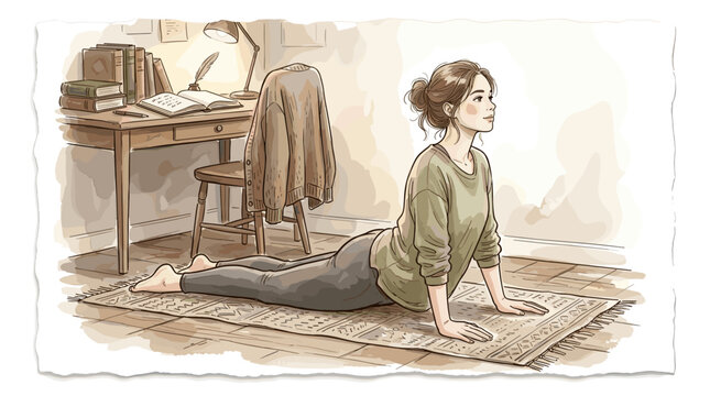 Woman doing yoga cobra pose in a cozy room with a desk and books