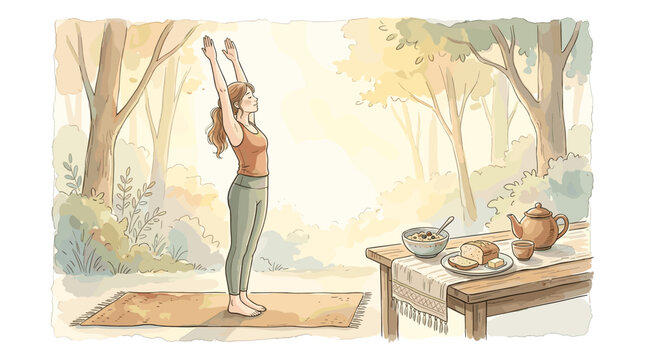 Young woman performing sun salutation yoga pose in morning light near meal, soft watercolor vector illustration, delicate