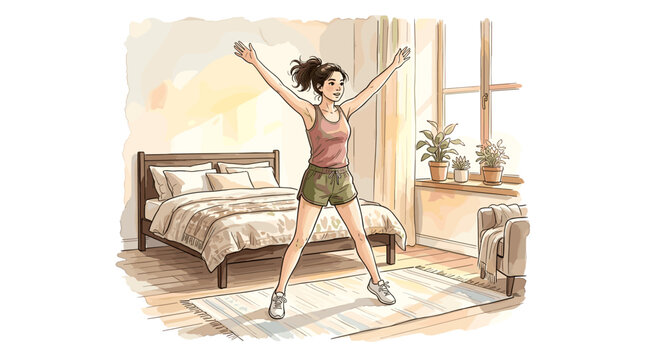 Young woman performing jumping jacks in sunlit corner of bedroom, soft watercolor vector illustration, delicate hand-drawn ink