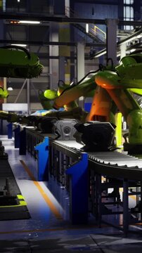 In a bustling factory filled with machinery, robotic arms swiftly move to assemble metal parts. Sparks fly as they work efficiently in a dynamic, illuminated environment.