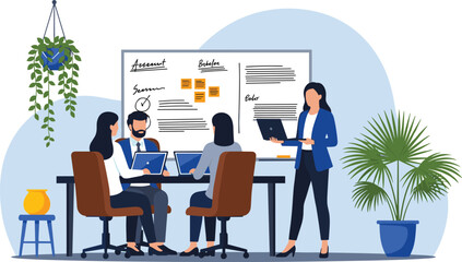 Fototapeta premium Corporate Team Meeting Icon Set Featuring Professionals Collaborating with Laptops and Whiteboard in Modern Office for Business Planning Designs
