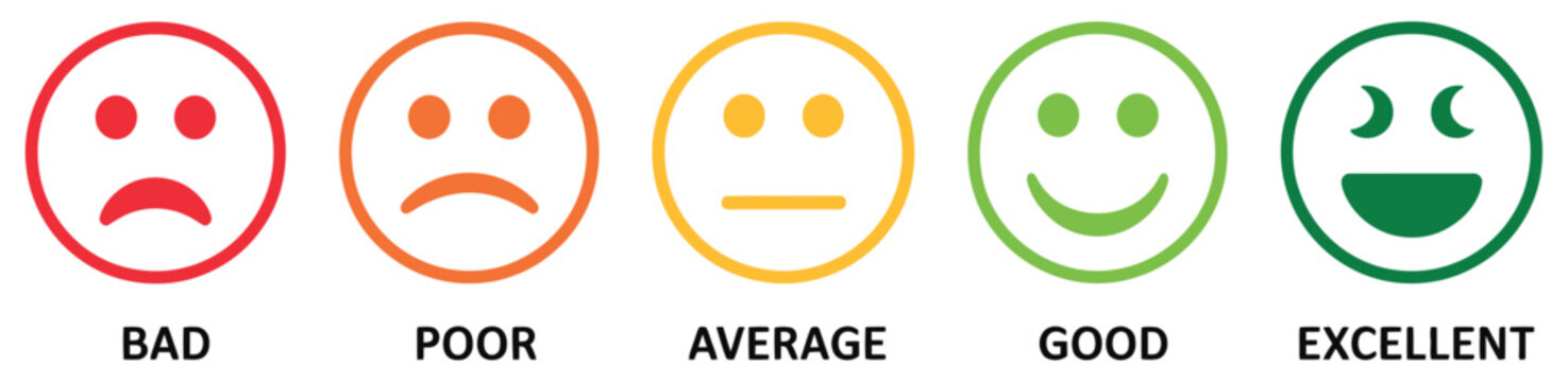 Rating emoji set with star indicator from bad to good, customer feedback smiley icons in stroke style vector illustration.