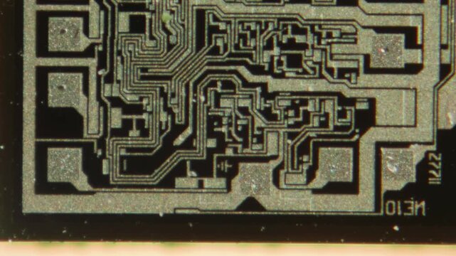 Macro Close-up Shot of Microchip, CPU Processor on Printed Circuit Board, Computer Motherboard with Components Inside of Electronic Device, Part of Supercomputer microscop.