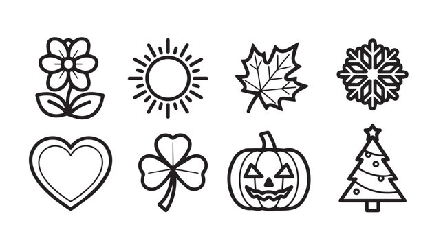 Set of seasonal icons with flower sun leaf snowflake heart shamrock pumpkin and Christmas tree