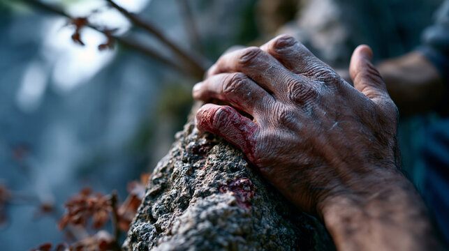 Hand gripping rock ledge on a cliff with blood and chalk on fingers above a vertical drop conveying danger and tension